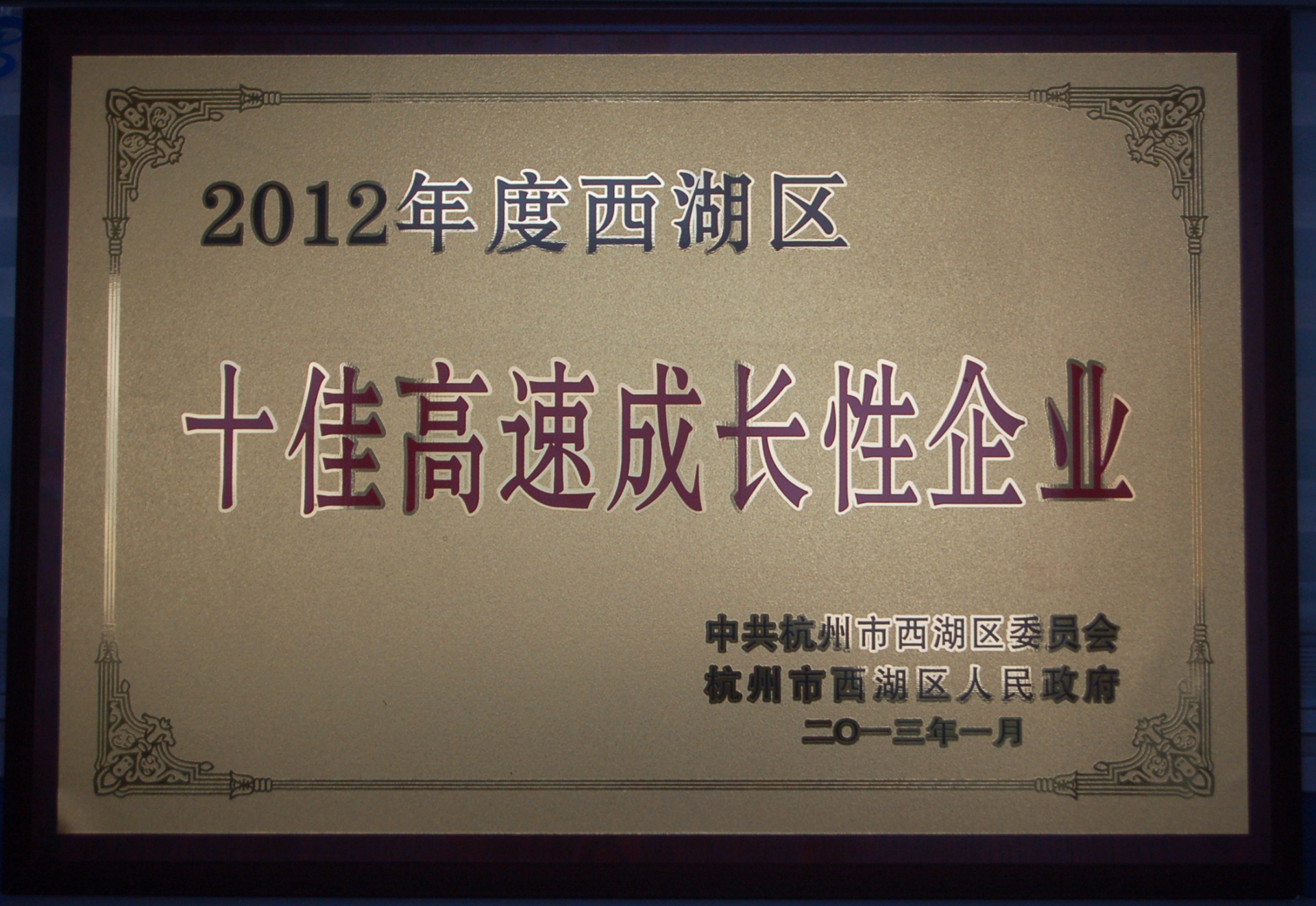 
                            恭賀我公司榮獲西湖區(qū)2012年度“十佳高速成長性企業(yè)”